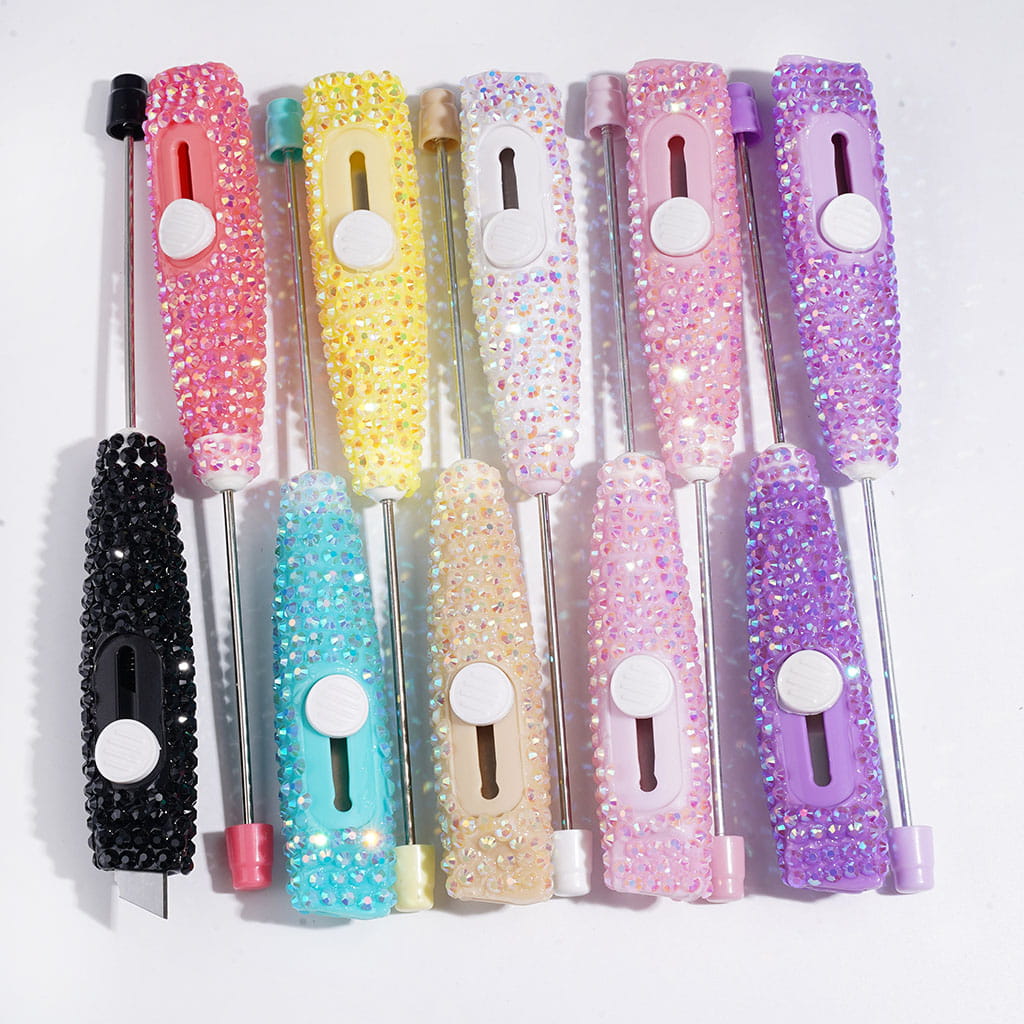 Sparkling Rhinestone Beadable Mini Utility Knife | DIY Beadable Plastic Unboxing Tool for Express Package Box Carton Opener Cutter Cleaver, 148MM Length,  Multi-Color