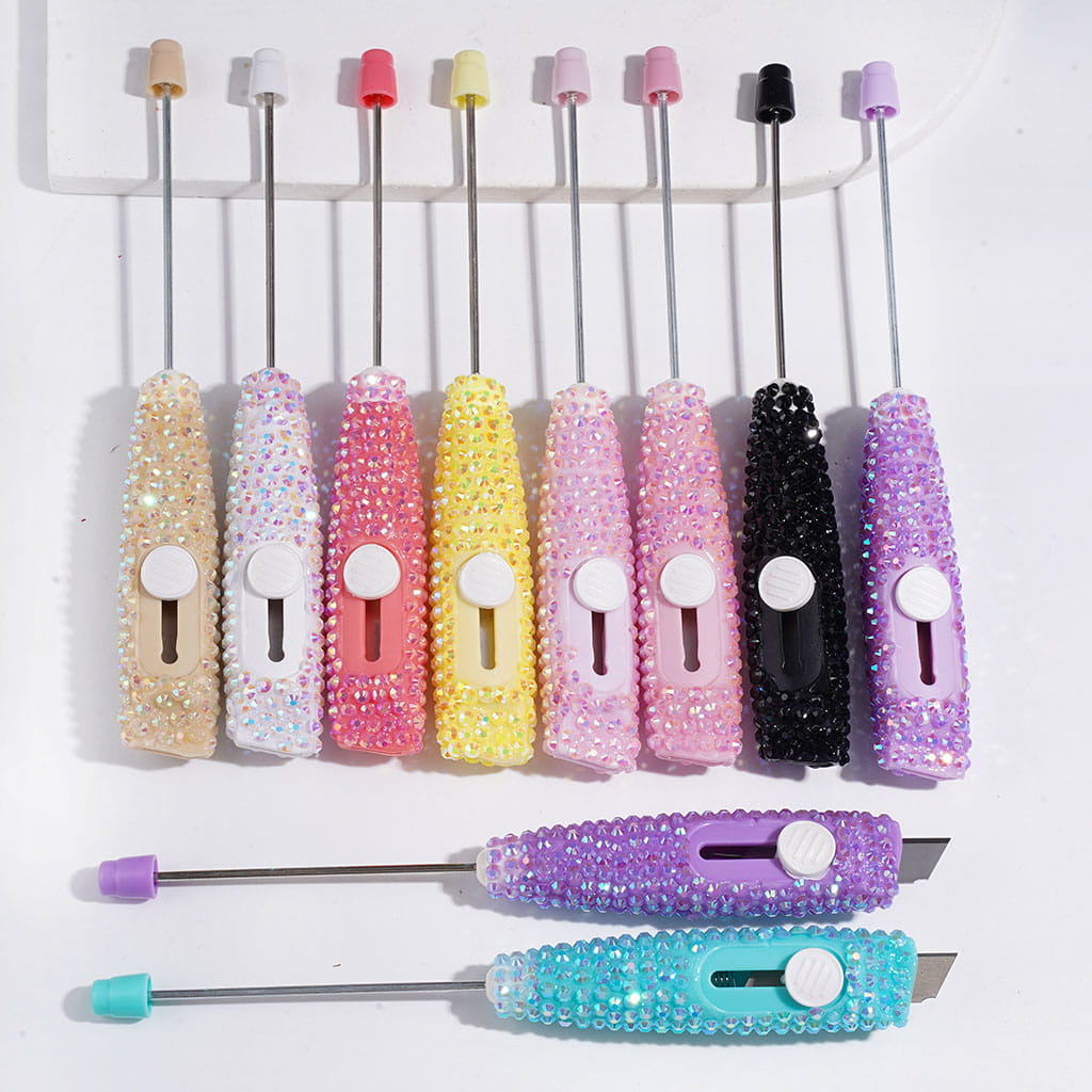 Sparkling Rhinestone Beadable Mini Utility Knife | DIY Beadable Plastic Unboxing Tool for Express Package Box Carton Opener Cutter Cleaver, 148MM Length,  Multi-Color
