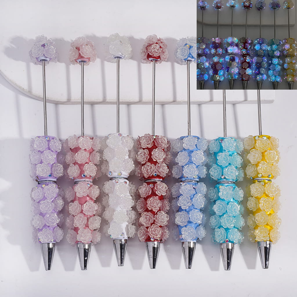 Beadable Clay Pens with Luminous Shiny Flowers and AB Rhinestones