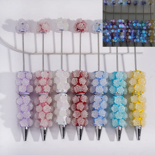 Beadable Clay Pens with Luminous Shiny Flowers and AB Rhinestones
