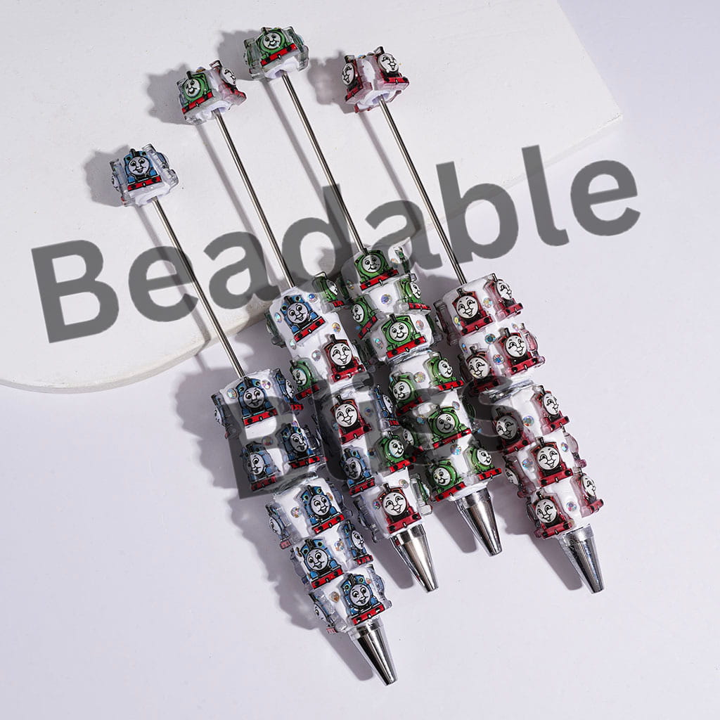 Beadable Clay Pens with Cartoon Little Train Character Theme and AB Rhinestones, Multi-Color