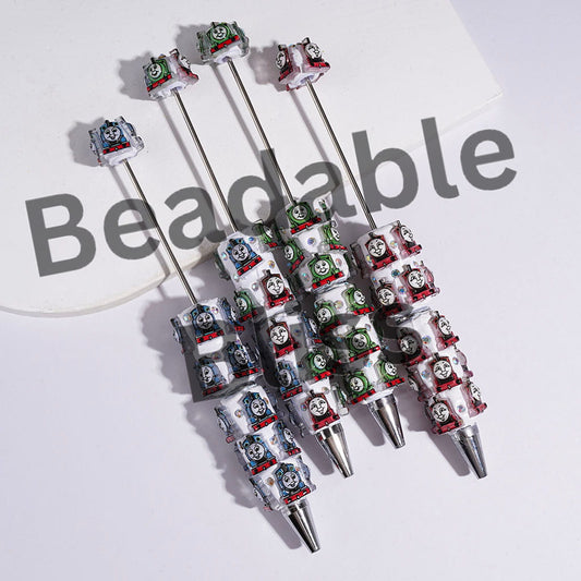 Beadable Clay Pens with Cartoon Little Train Character Theme and AB Rhinestones, Multi-Color
