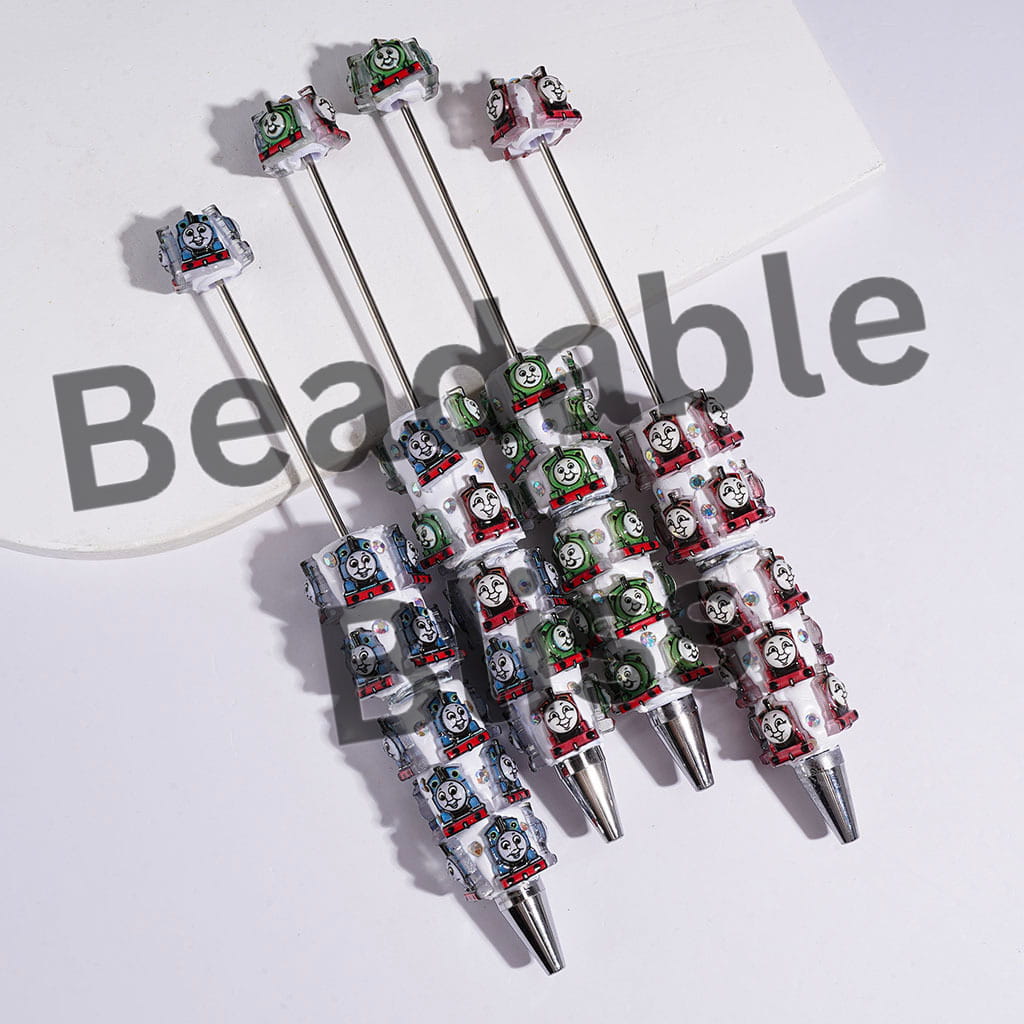 Beadable Clay Pens with Cartoon Little Train Character Theme and AB Rhinestones, Multi-Color