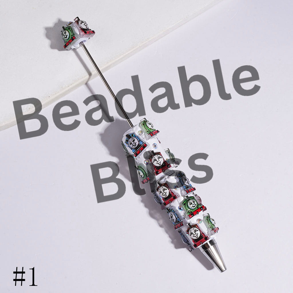 Beadable Clay Pens with Cartoon Little Train Character Theme and AB Rhinestones, Multi-Color