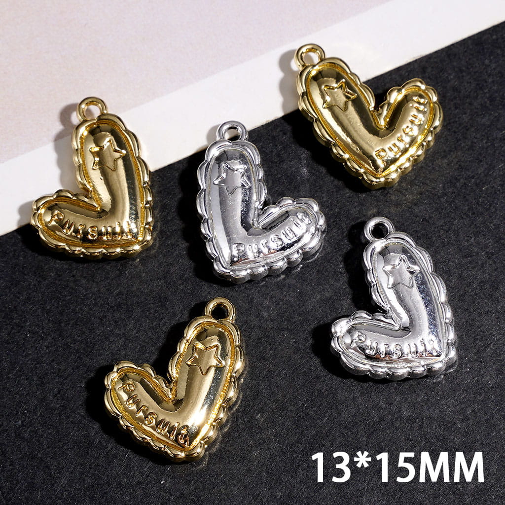 Wavy-Edged Heart with Text "Pursuit" Alloy Charms and Pendants, Jewelry Accessories, 13*15MM, Silver and Gold