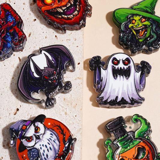 Halloween Ghost Pumpkin Bat Owl Witch Mutant Spider Acrylic Beads, Semi-Clear, Random Mix