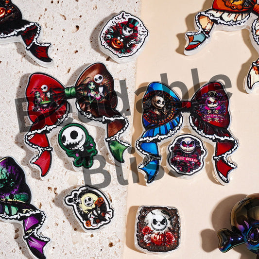 Halloween Skull Skeleton Couple Character Series Acrylic Beads Bow and Ornament, Random Mix (Please Read Description)
