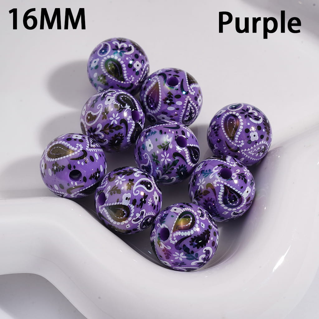 Acrylic Beads for Bracelets with Traditional Paisley Designs Patterns, 16MM, Multi-Color