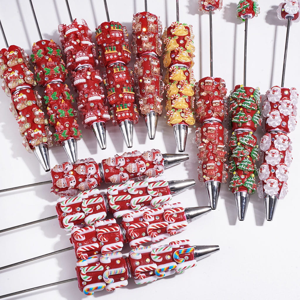 Beadable Clay Pens Christmas Series | Pen with Snow Bell Tree Hat Candy Cane Santa Claus Gift Box Gingerbread Sock Candle & AB Rhinestones, Red Pen Base