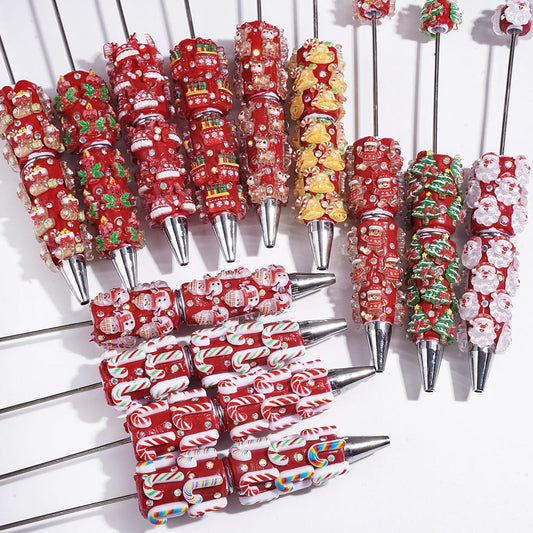 Beadable Clay Pens Christmas Series | Pen with Snow Bell Tree Hat Candy Cane Santa Claus Gift Box Gingerbread Sock Candle & AB Rhinestones, Red Pen Base