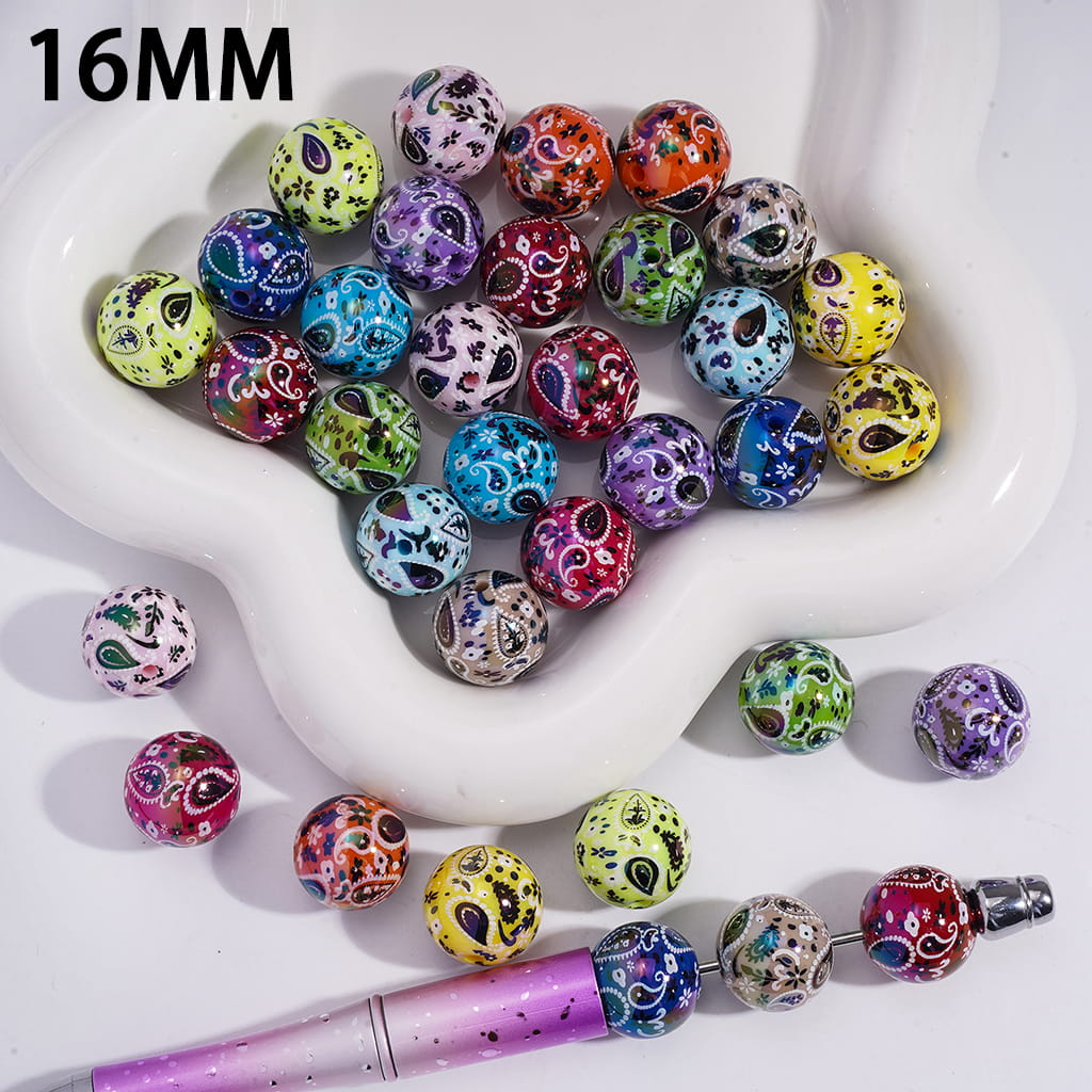Acrylic Beads for Bracelets with Traditional Paisley Designs Patterns, 16MM, Multi-Color