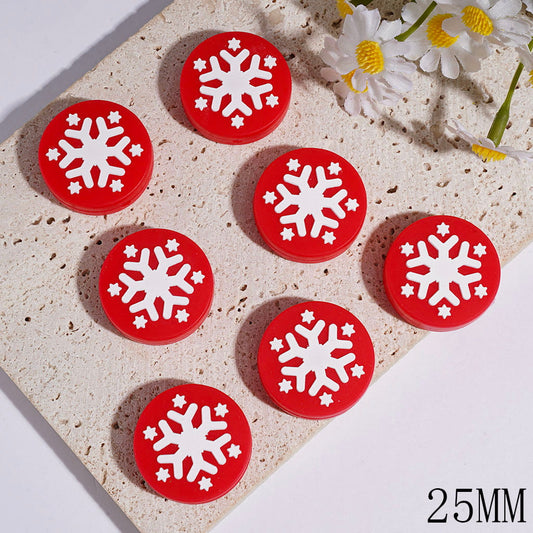 Silicone Focal Beads with White Snowflake on Red Background, Flat Round Shape 25MM