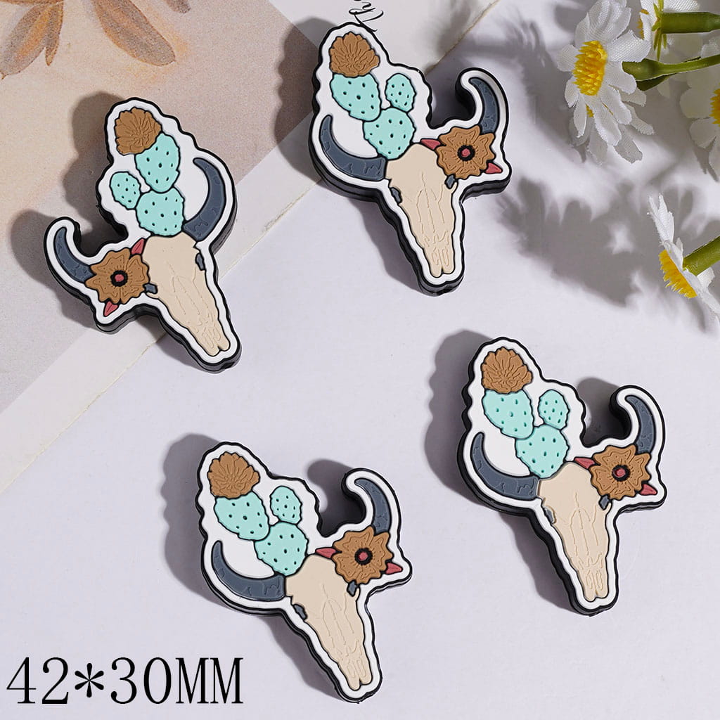 Western Cow Skull with Teal Cactus Flower Silicone Focal Beads, 42*30MM