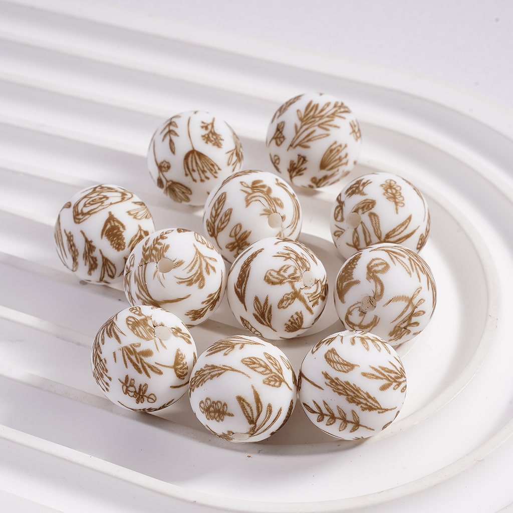 Cute Brown Flowers Printed Silicone Beads 15MM Z-00298