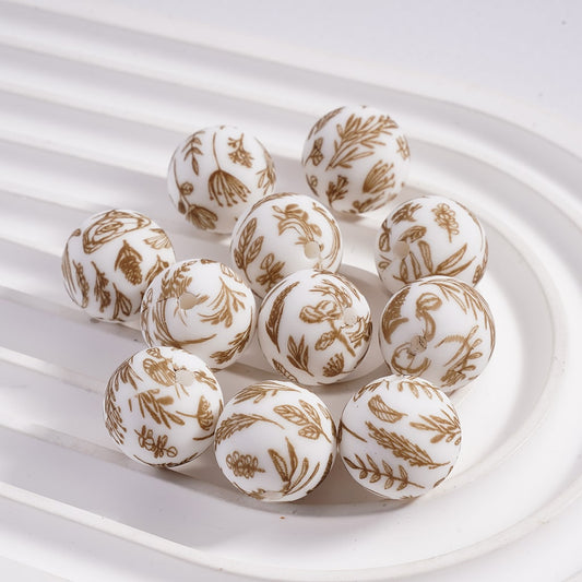 Cute Brown Flowers Printed Silicone Beads 15MM Z-00298