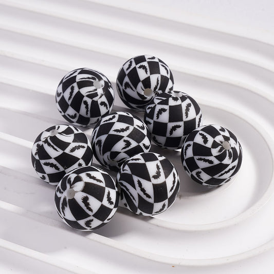 Mini Bat Printed Black-White Checkered Silicone Beads 15MM Z-00299