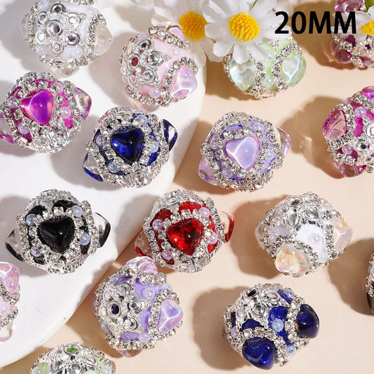 Hand-Made Acrylic Beads w Heart Rhinestones, Silver Metal Base, Clear Rhinestones & White Pearl, 20MM, Random Mix