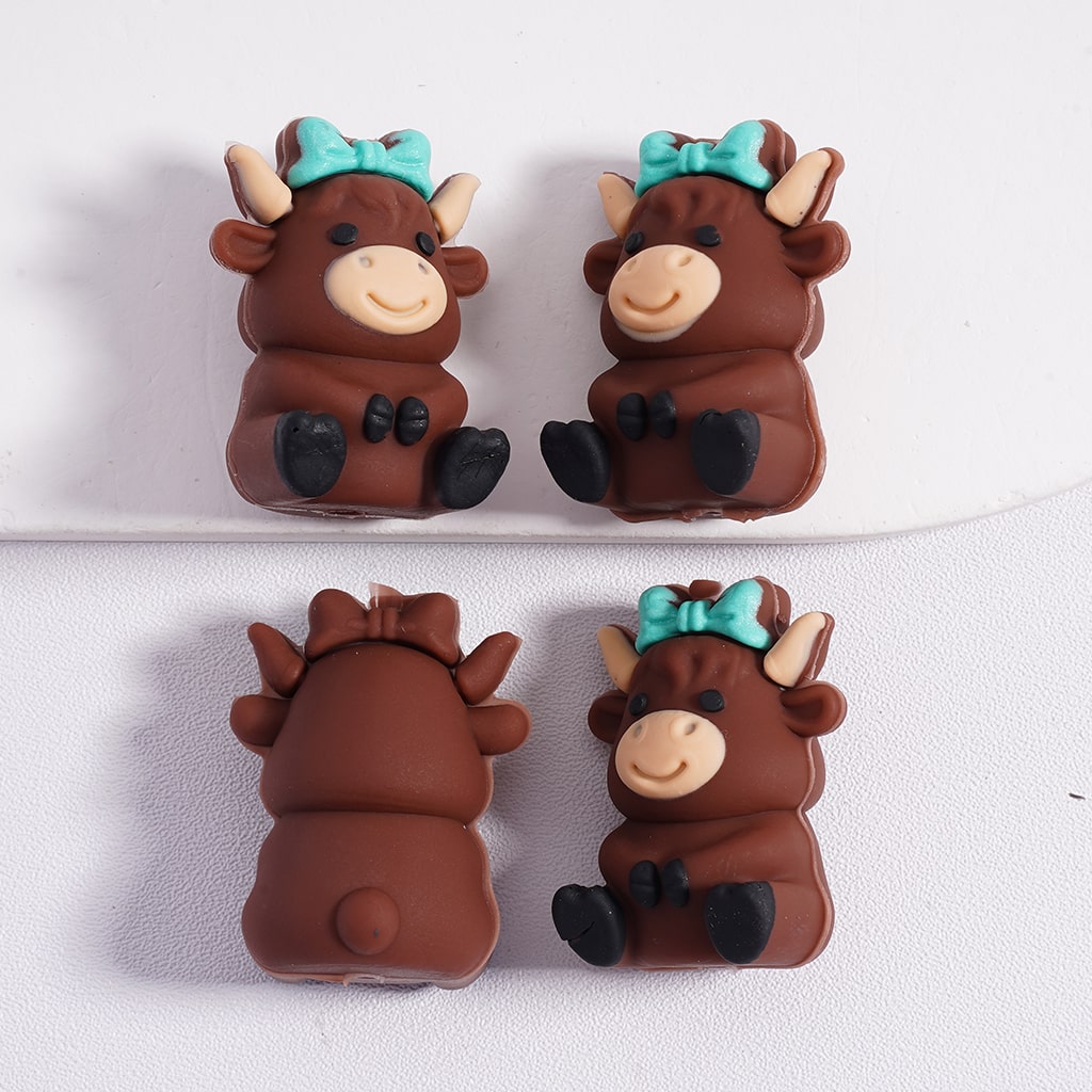 Silicone Focal Beads 3D Cute Cow with Pink & Teal Bowknot
