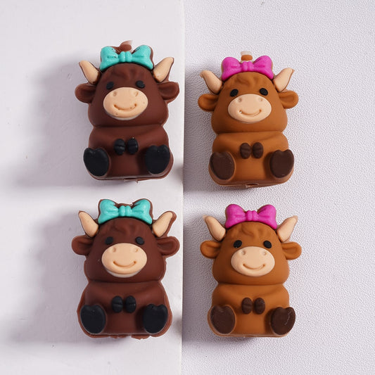 Silicone Focal Beads 3D Cute Cow with Pink & Teal Bowknot