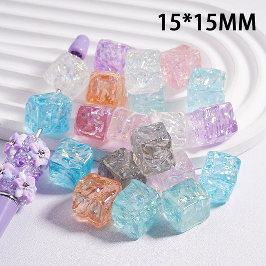 Acrylic Beads UV Coating Bumpy Square Cube Shiny Flakes Inside Translucent Multi-Color 15*15MM