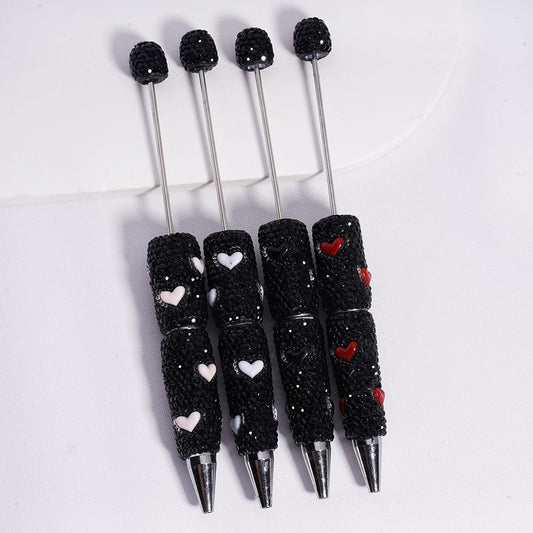 Beadable Clay Pens with Black Rhinestones Cute Hearts