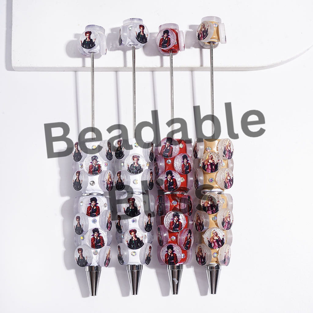 Beadable Clay Pens Rounded Piece with Glitter and Spooky Sister Character, AB Rhinestones