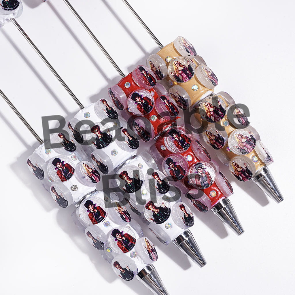 Beadable Clay Pens Rounded Piece with Glitter and Spooky Sister Character, AB Rhinestones
