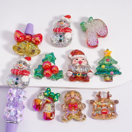 Acrylic Beads UV Coating Christmas Series Father Christmas Snowman Elk Candy Cane Tree Bell Gingerbread Man Shiny Silver Flakes Inside, Random Mix