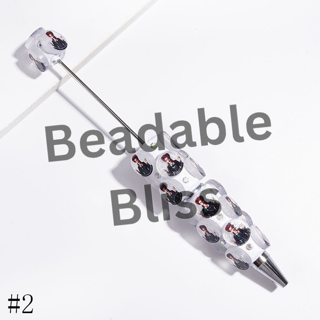 Beadable Clay Pens Rounded Piece with Glitter and Spooky Sister Character, AB Rhinestones