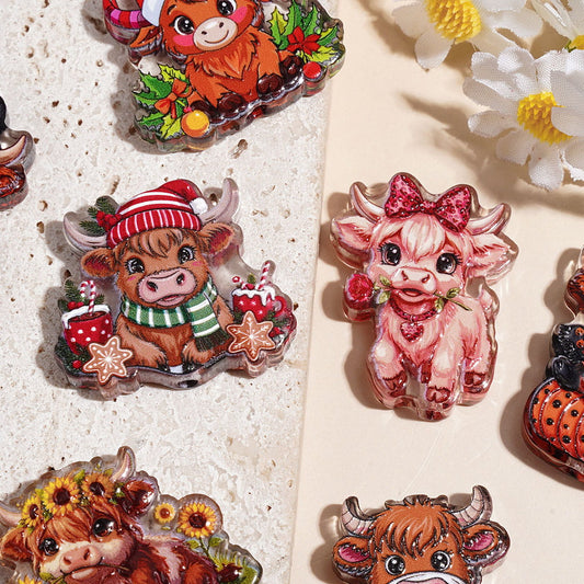 Christmas & Halloween Theme Highland Cow Series Acrylic Beads, Random Mix