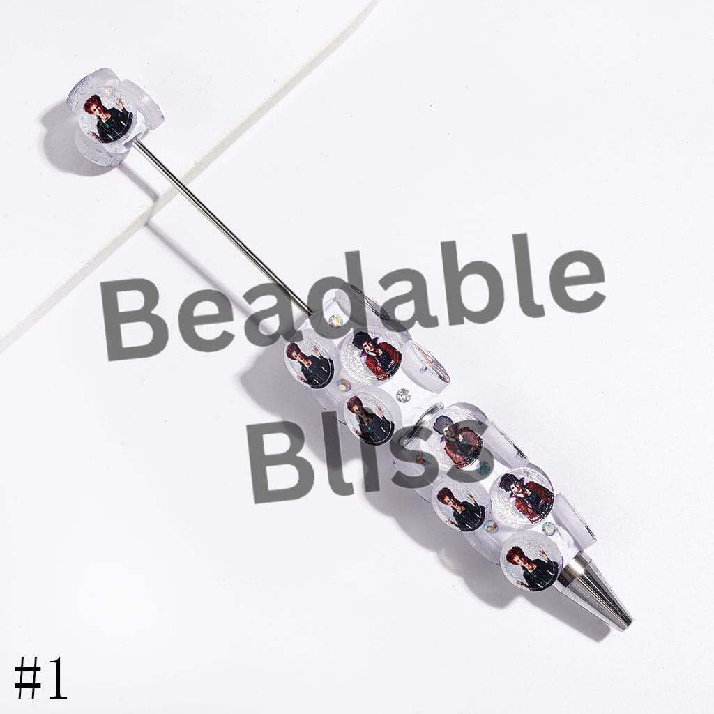 Beadable Clay Pens Rounded Piece with Glitter and Spooky Sister Character, AB Rhinestones
