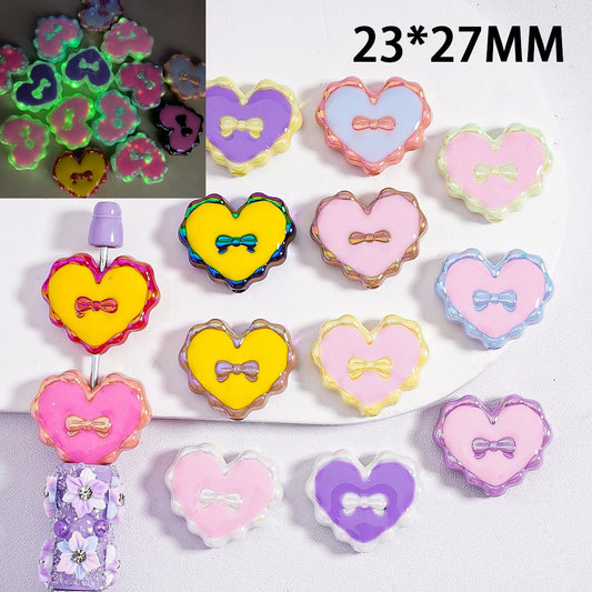 Acrylic Beads UV Coating Luminous Cute Heart with Bowtie Wavy Edge, 23*27MM, Random Mix