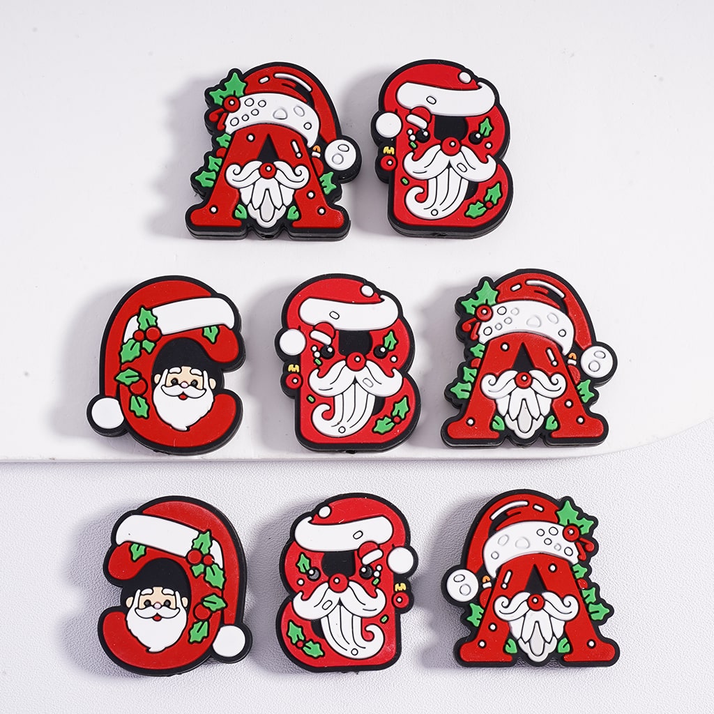 Silicone Focal Beads Christmas English Letters ABC with Christmas Hat Father Christmas