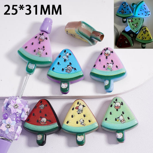 Acrylic Beads Luminous Pochacc Prints Watermelon Shape Ice Stick 25*31MM, Random Mix