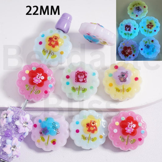 Acrylic Beads Luminous Cute Lots Bear Prints Flower 22MM, Random Mix