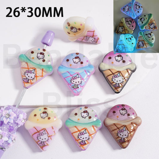 Acrylic Beads Luminous Cute Hello Kitt Prints Ice Cream Cone, 26*30MM, Random Mix