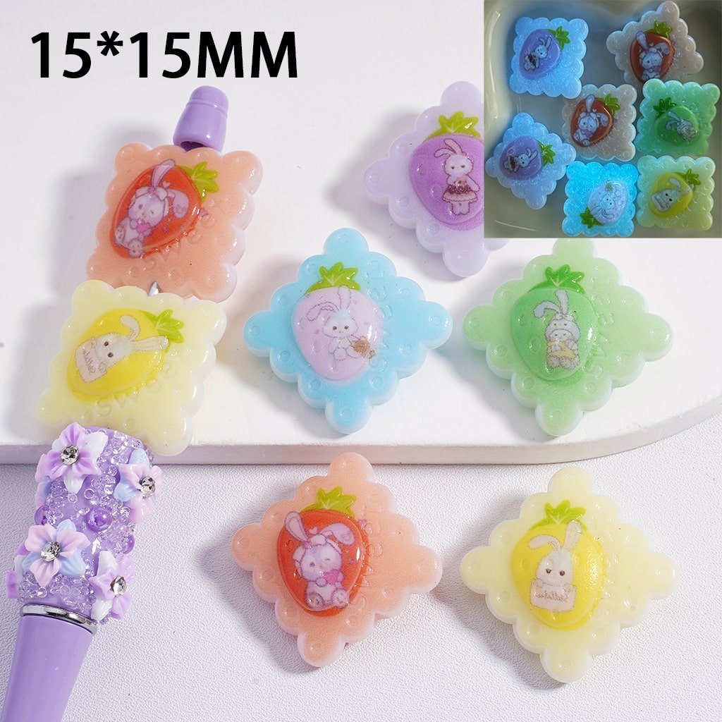 Acrylic Beads Luminous Flat Wavy Edge Square Cute Bunny Rabbit Strawberry Prints Multi-Color 15*15MM, Random Mix