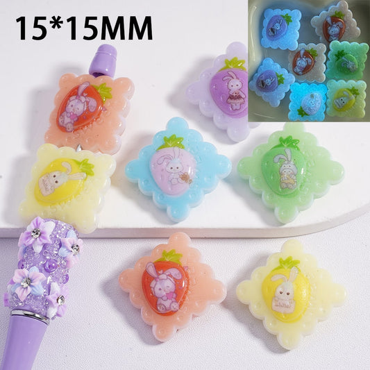 Acrylic Beads Luminous Flat Wavy Edge Square Cute Bunny Rabbit Strawberry Prints Multi-Color 15*15MM, Random Mix