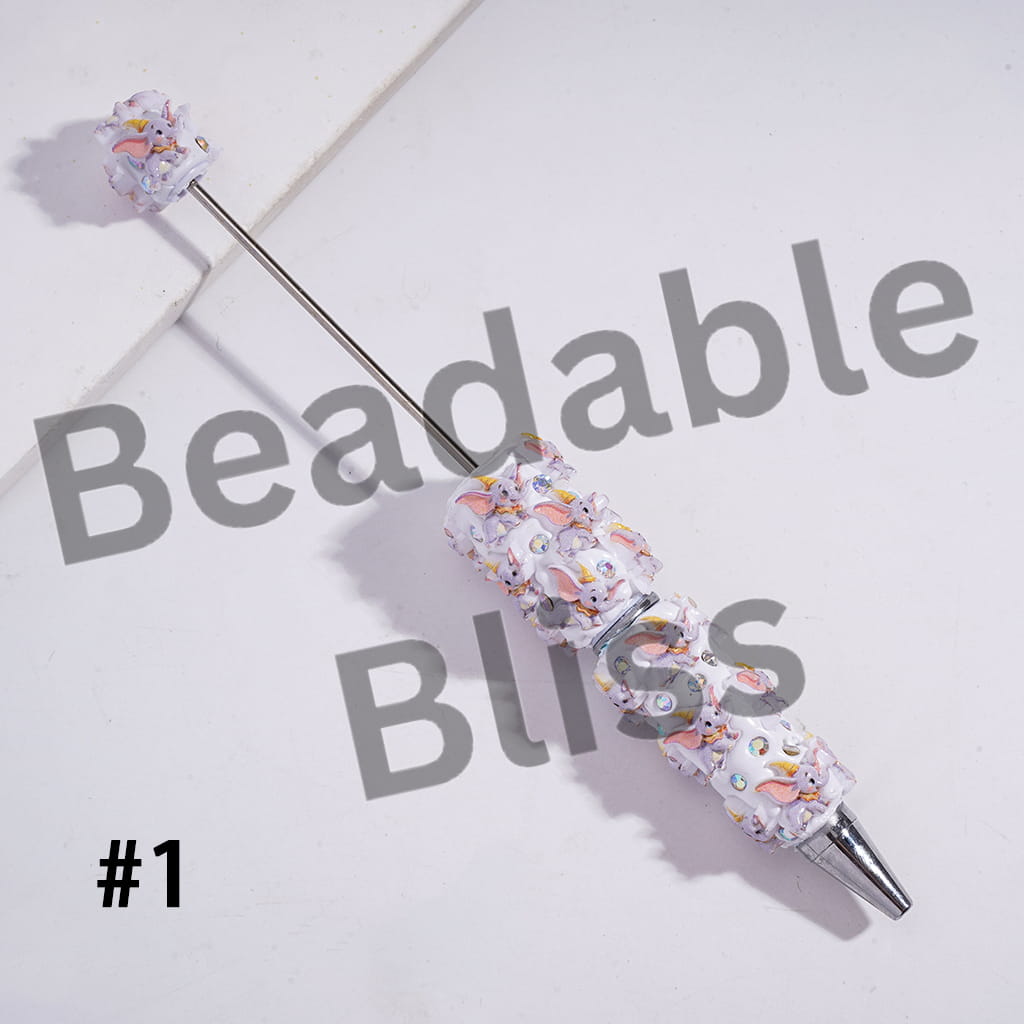 Beadable Clay Pens with Flying Elephant Character and AB Rhinestones, Blue & Gray