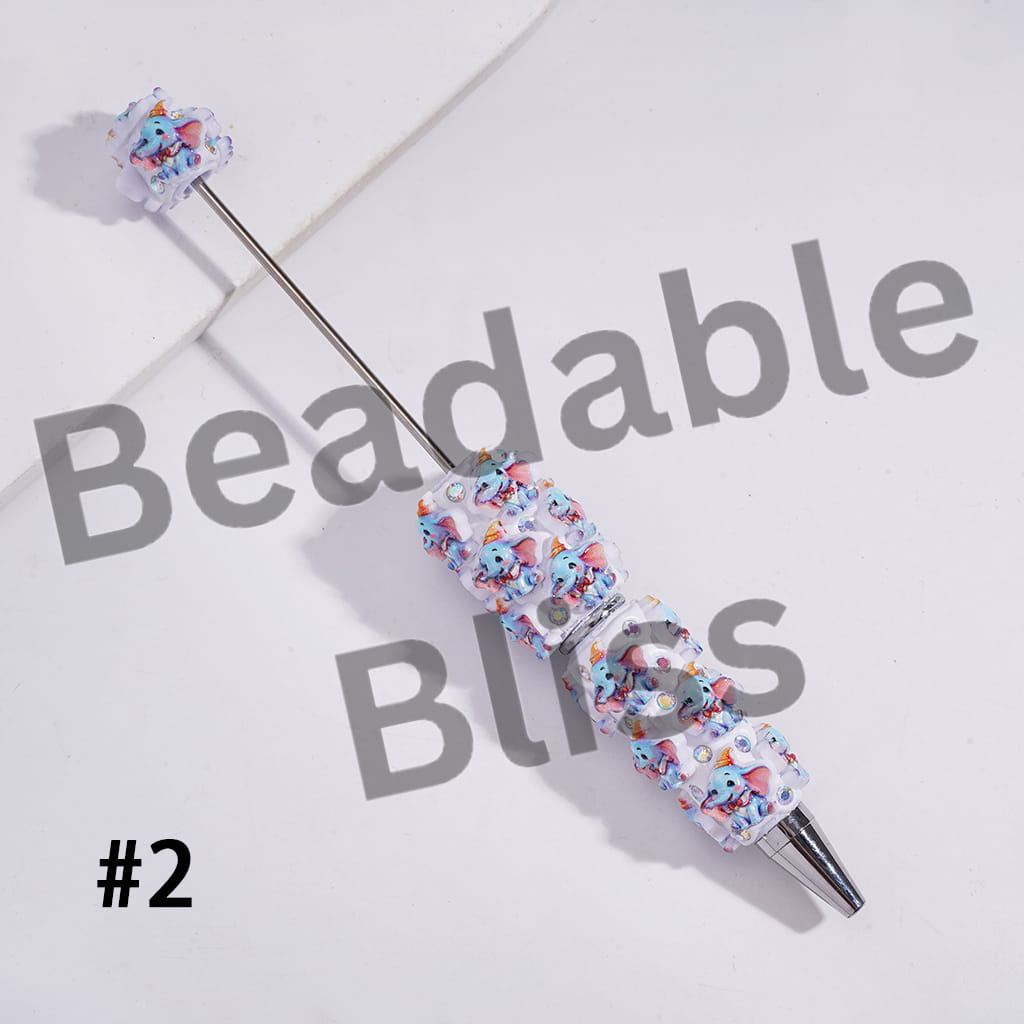 Beadable Clay Pens with Flying Elephant Character and AB Rhinestones, Blue & Gray