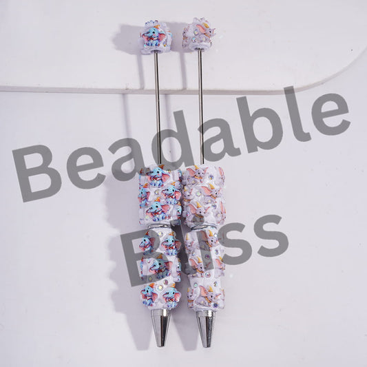 Beadable Clay Pens with Flying Elephant Character and AB Rhinestones, Blue & Gray