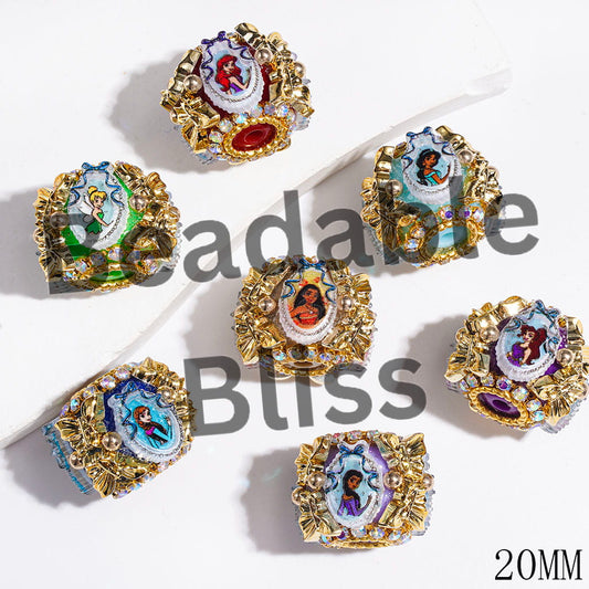 Handmade Acrylic Beads with Oval Shaped Mirror with Classic Princess Character and Gold Butterfly, AB Rhinestone and Gold Ball Chains, 20MM Random Mix