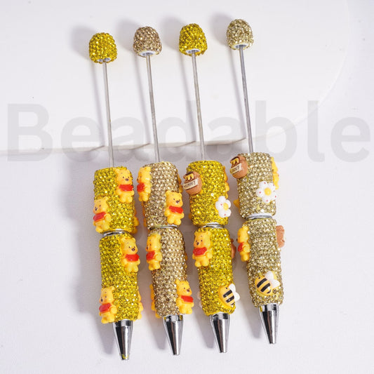 Beadable Clay Pens with Shiny Gold & Champagne Color Rhinestones Cute Winnie the Poo Bee Hunny Pot Flower