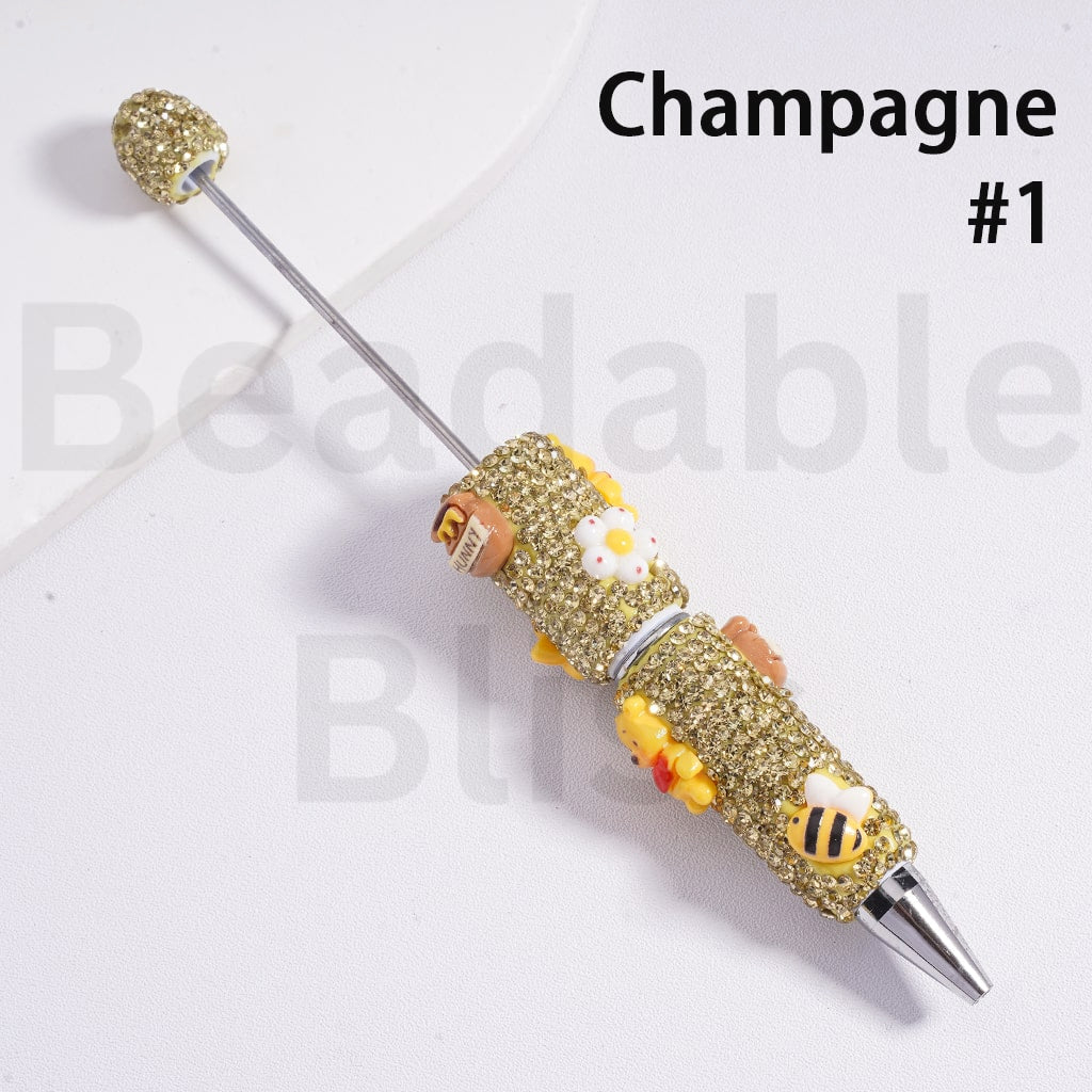 Beadable Clay Pens with Shiny Gold & Champagne Color Rhinestones Cute Winnie the Poo Bee Hunny Pot Flower