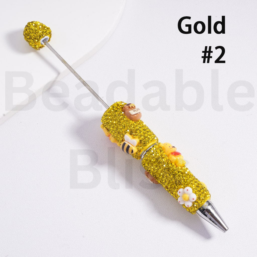 Beadable Clay Pens with Shiny Gold & Champagne Color Rhinestones Cute Winnie the Poo Bee Hunny Pot Flower