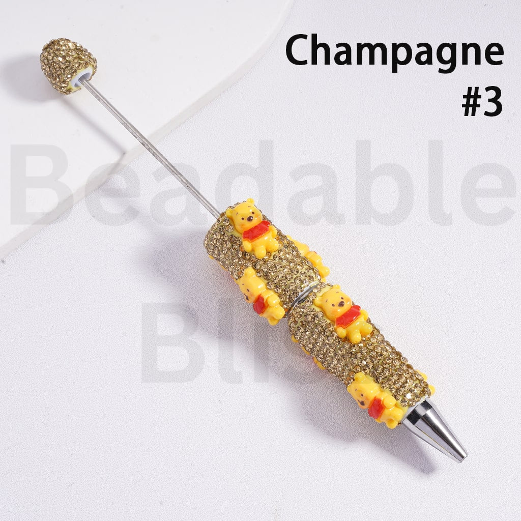 Beadable Clay Pens with Shiny Gold & Champagne Color Rhinestones Cute Winnie the Poo Bee Hunny Pot Flower