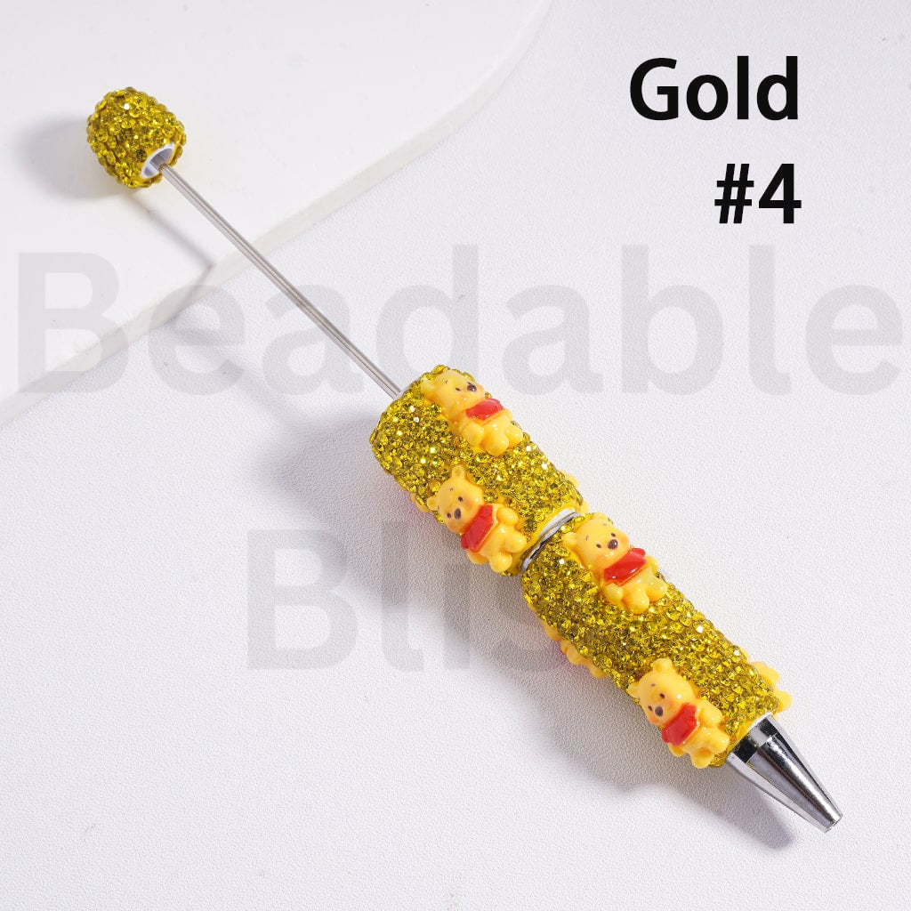 Beadable Clay Pens with Shiny Gold & Champagne Color Rhinestones Cute Winnie the Poo Bee Hunny Pot Flower