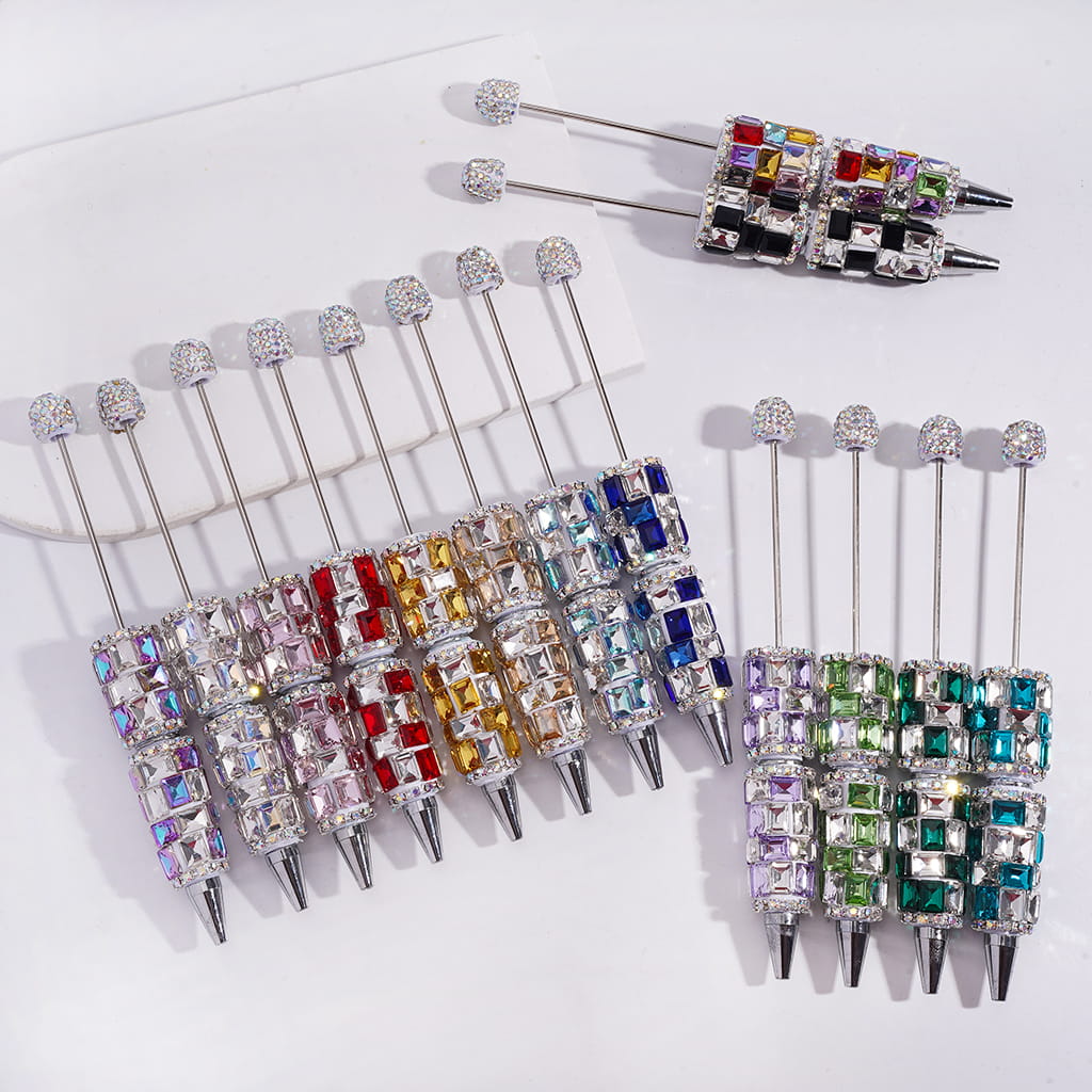 Beadable Clay Pen with Double Color Rectangle and AB Rhinestones Covered the Entire Pen, Multi-Color