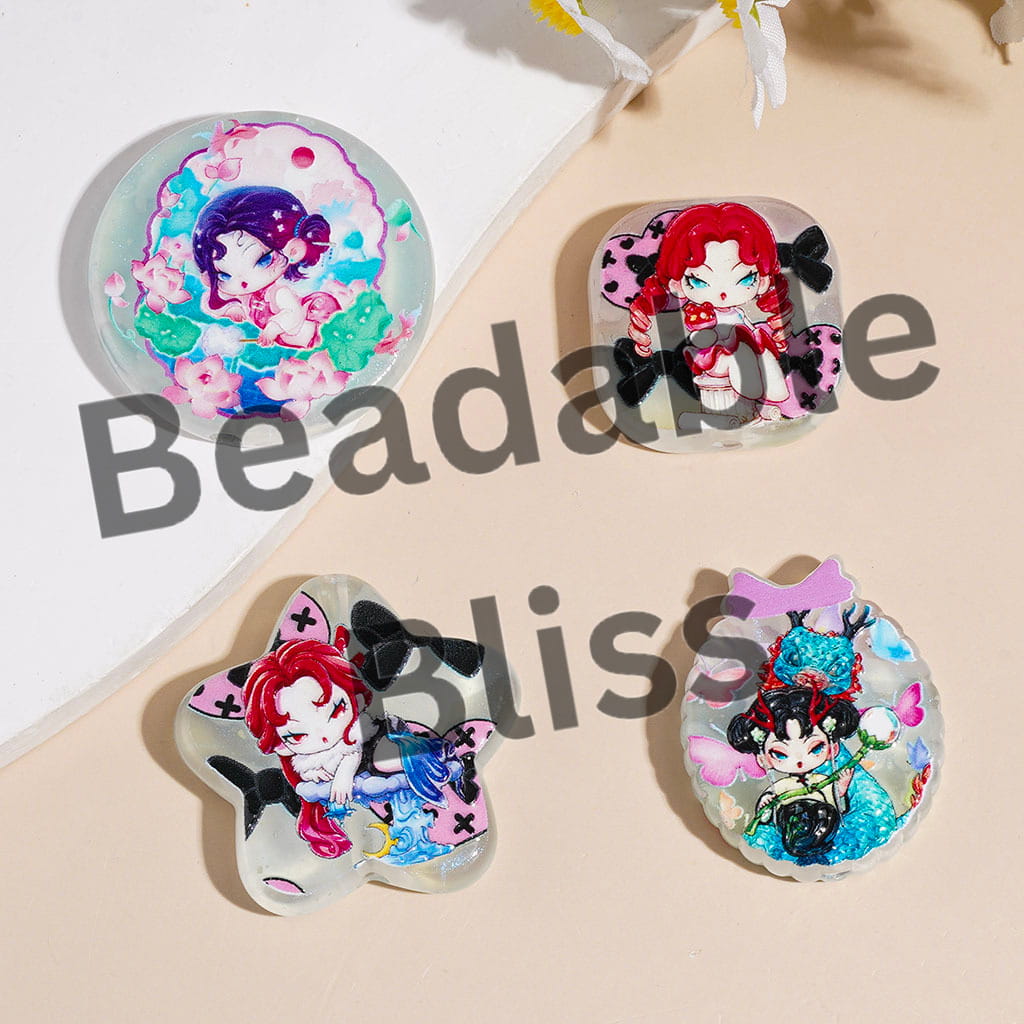 Ancient Girl and Lotus Flowers Series Acrylic Beads and Pendants, Random Mix