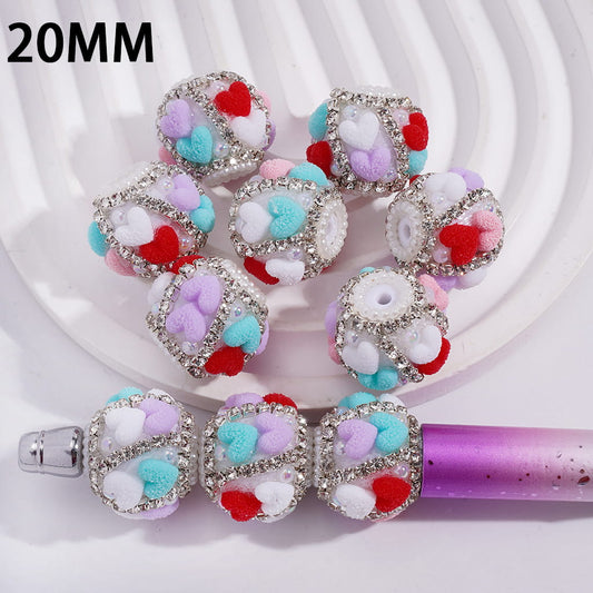 Acrylic Beads with Granulated Heart in Macaron Colors, Clear Rhinestones and White Pearls, 20MM